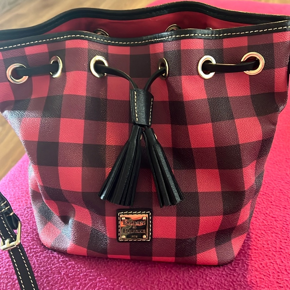 Dooney & Burke red and black checkered print 12x9 Red and Black Bucket Bag